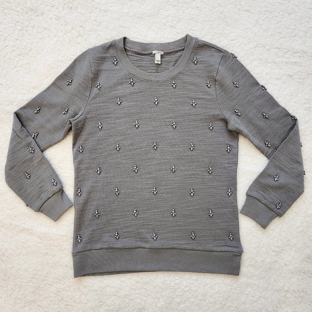 J. Crew Gray Jewel Cotton Sweatshirt Rhinestone Sz S